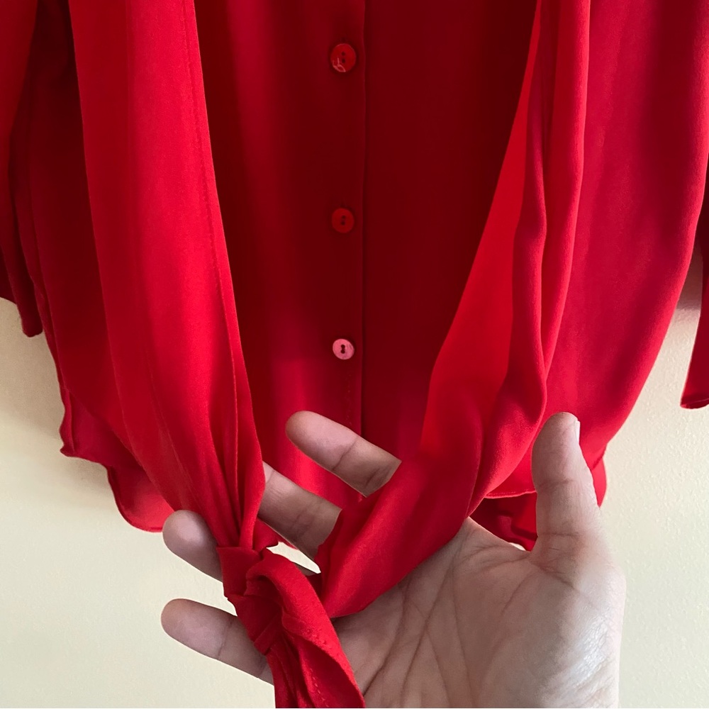 Joseph Ribkoff Red Tie Front Blouse Size 8 Chiffon V Neck 3/4 Sleeve Office - Picture 7 of 15